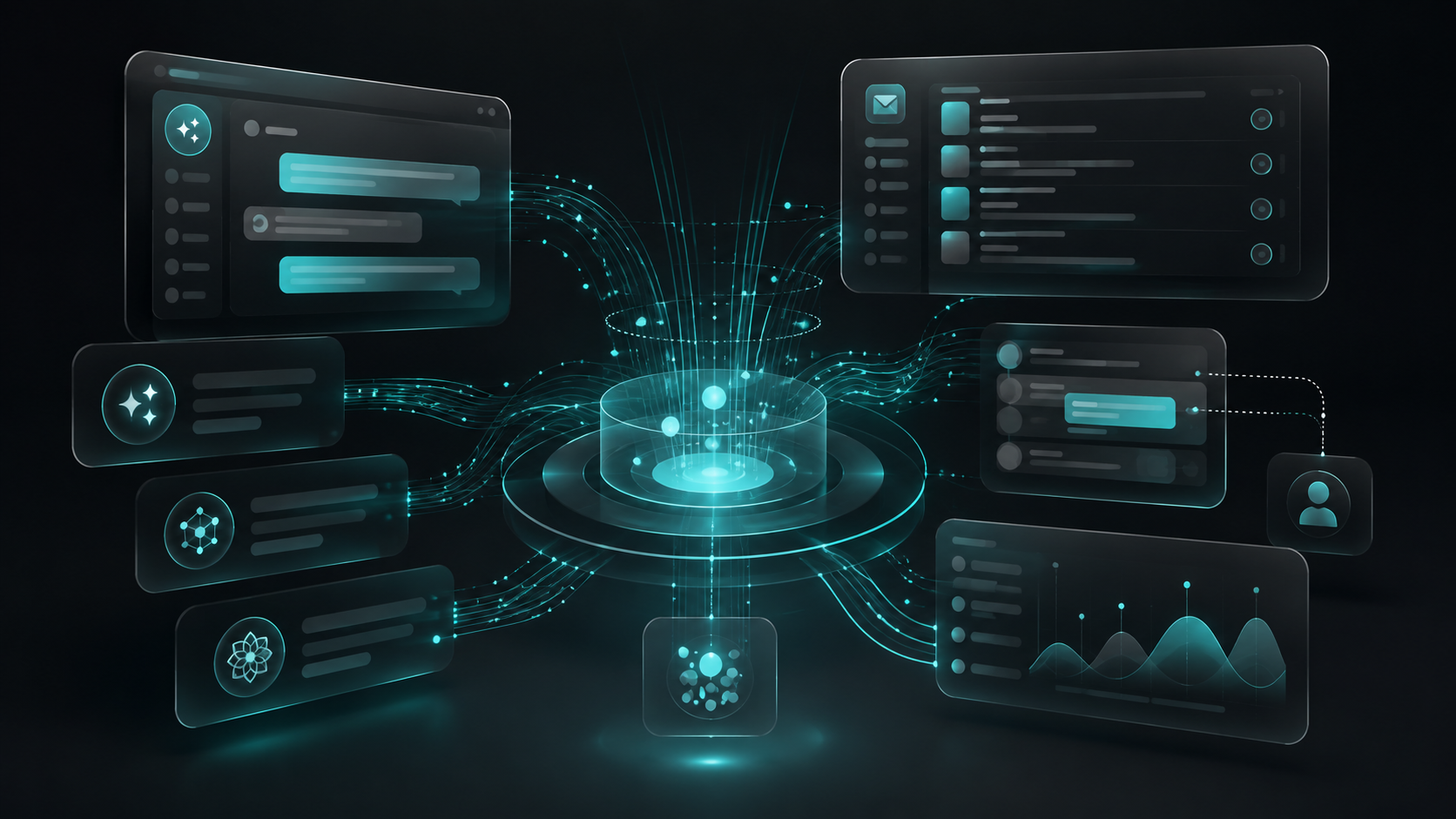 Abstract AI customer service journey connecting third-party assistants, company support channels, human handoffs, and customer signal analytics without text