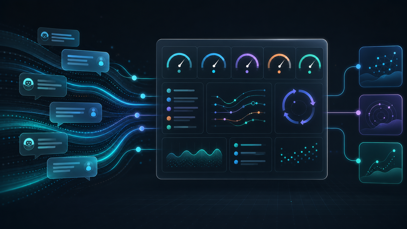 Abstract AI customer service metrics dashboard with conversation signals, handoff paths, and support quality patterns without text