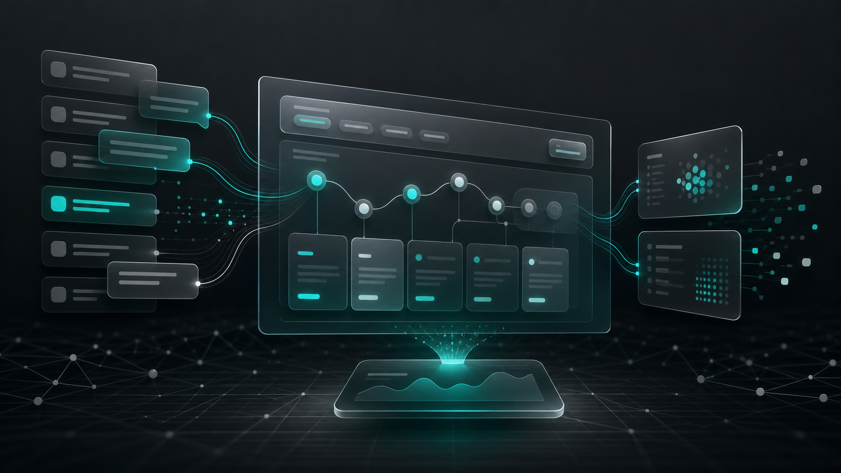 Sistema abstracto de descubrimiento de producto con IA conectando conversaciones de clientes, evidencia y decisiones de roadmap sin texto