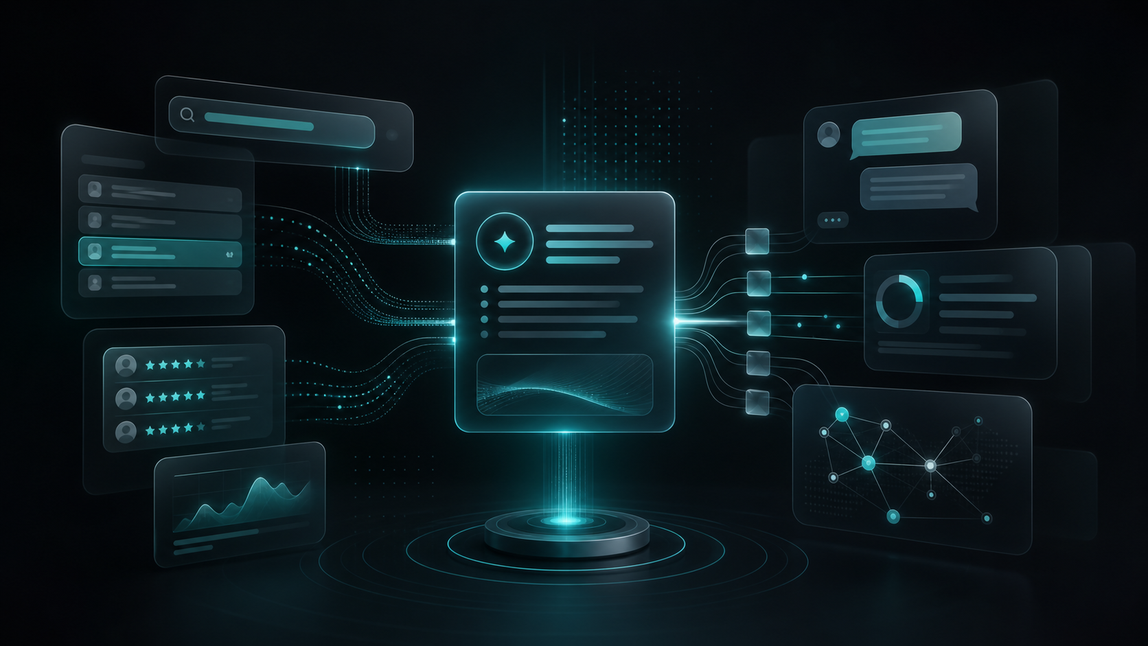 Abstract AI search answer system connected to customer voice, reviews, support conversations, and trust signals without text