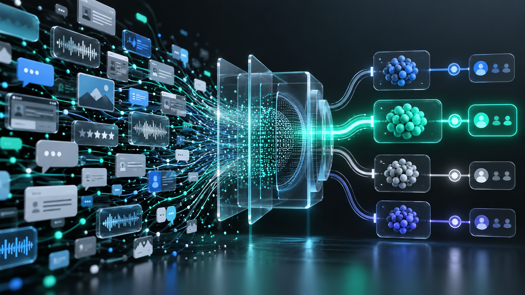 Abstract customer complaint signals passing through an analysis layer and becoming organized root-cause clusters