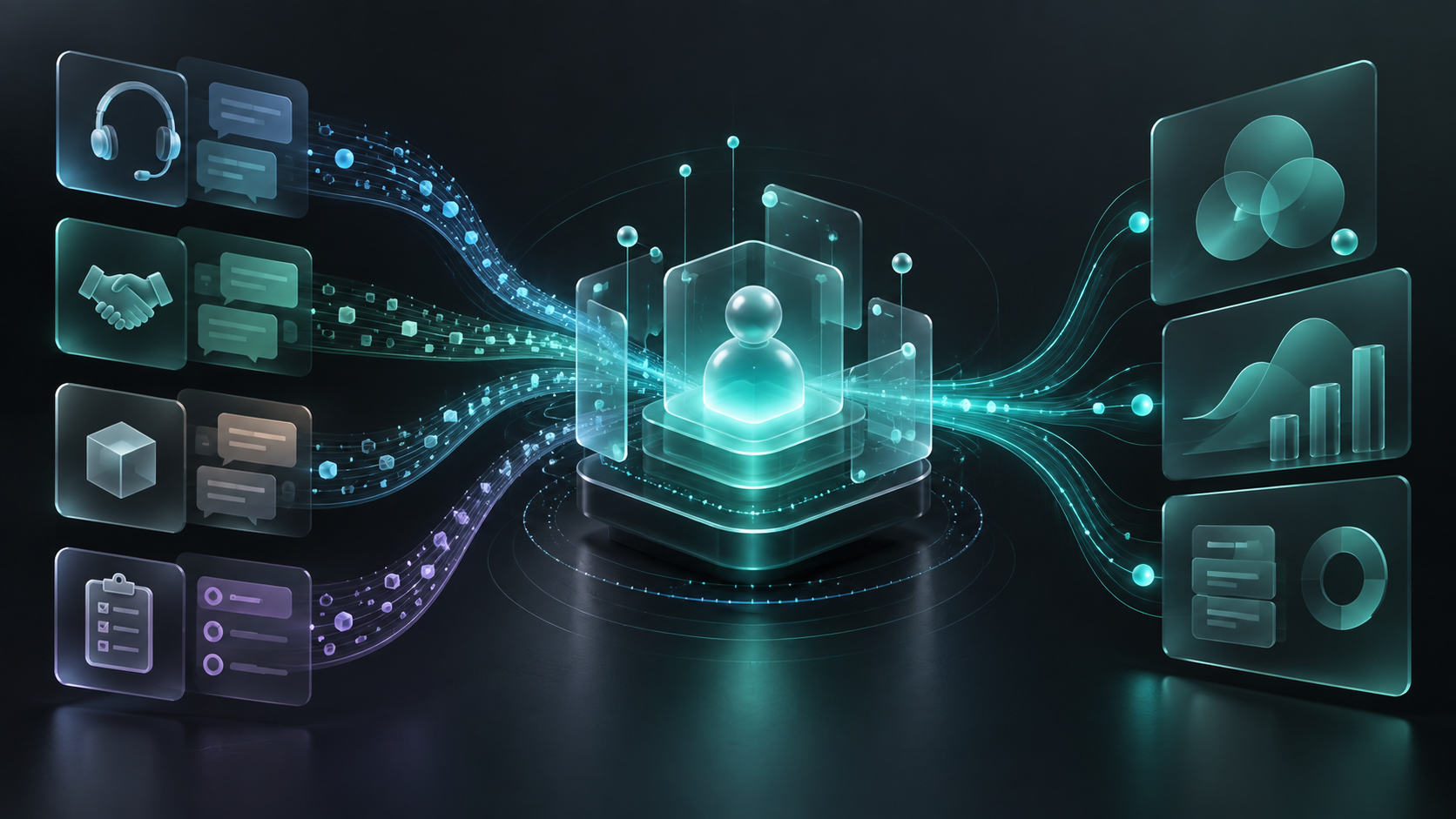 Abstract omnichannel customer feedback signals merging into a unified AI analytics layer without text