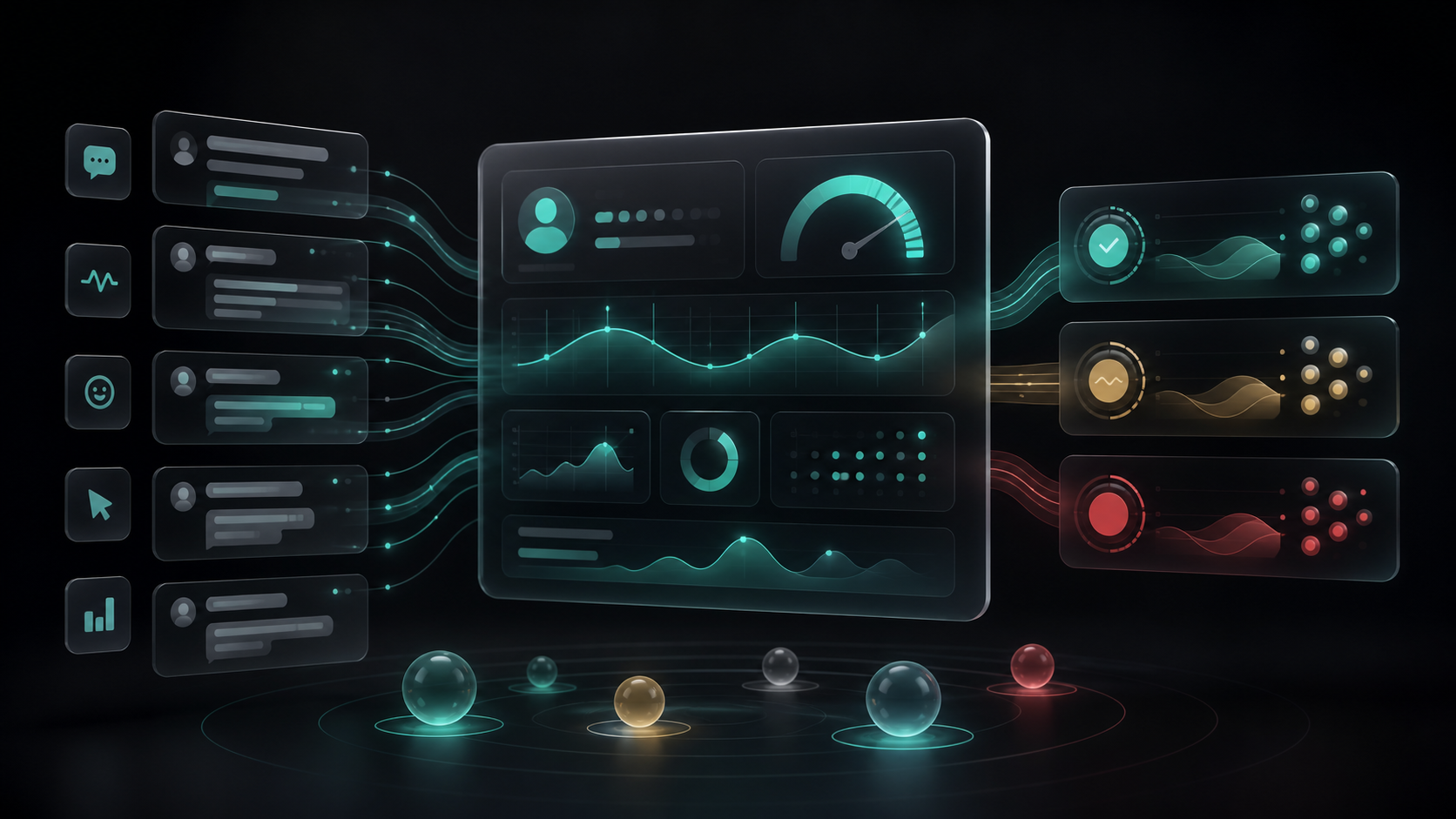 Abstract customer health score dashboard connected to support conversations, risk signals, sentiment, and account health patterns without text